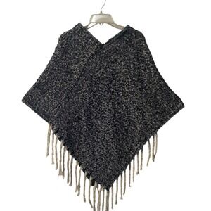 Joan Vass Poncho Women's Black White Speckled Knit Fringe V-Neck Boho